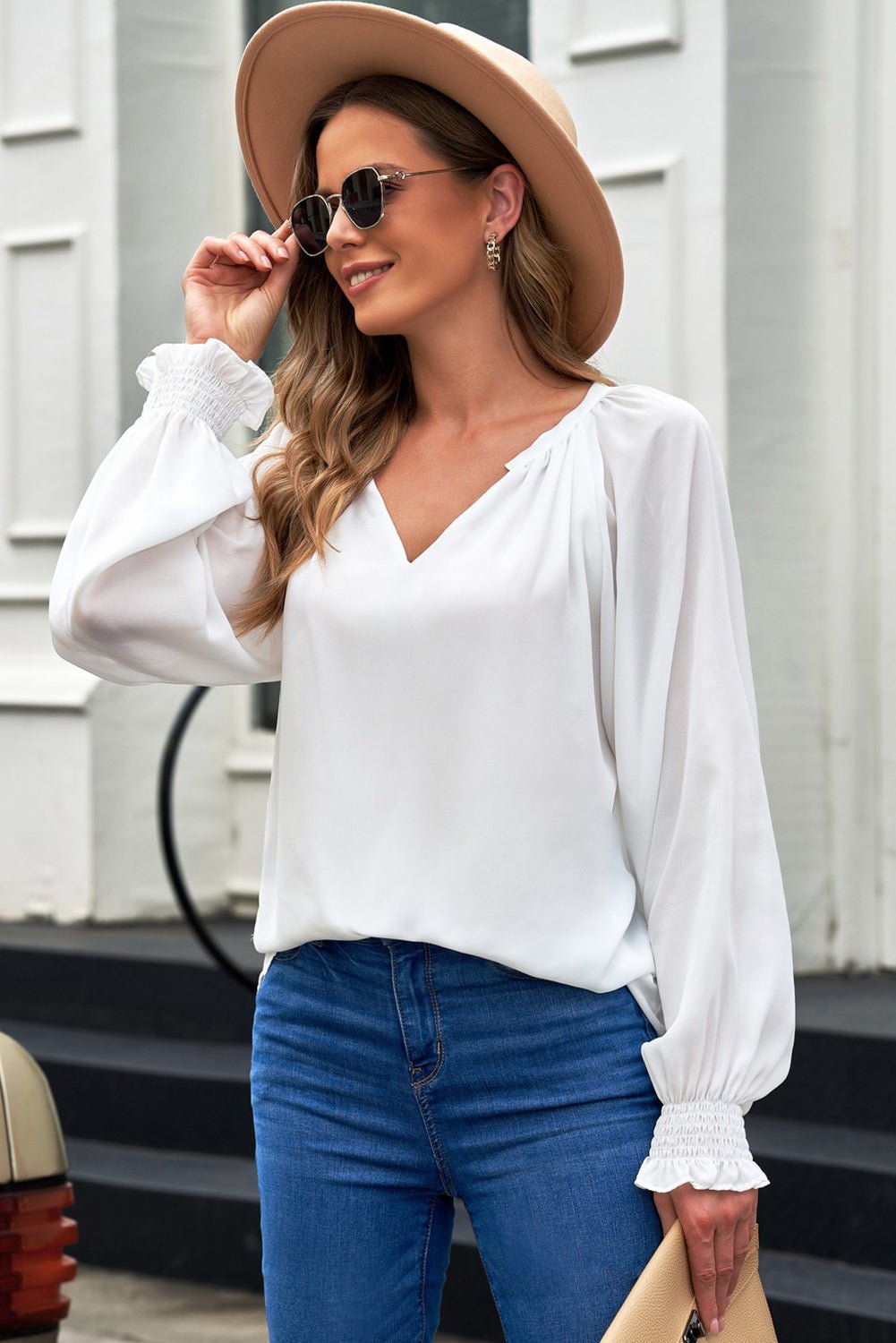 Notched Neck Lantern Sleeve Blouse - Style Chic Couture