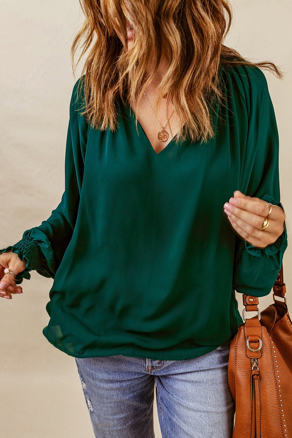 Notched Neck Lantern Sleeve Blouse - Style Chic Couture