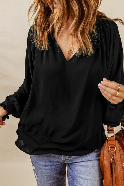 Notched Neck Lantern Sleeve Blouse - Style Chic Couture