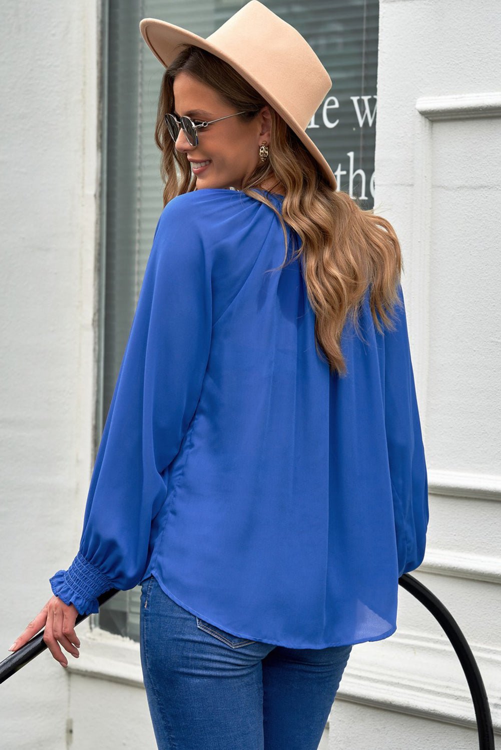 Notched Neck Lantern Sleeve Blouse - Style Chic Couture