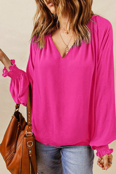 Notched Neck Lantern Sleeve Blouse - Style Chic Couture