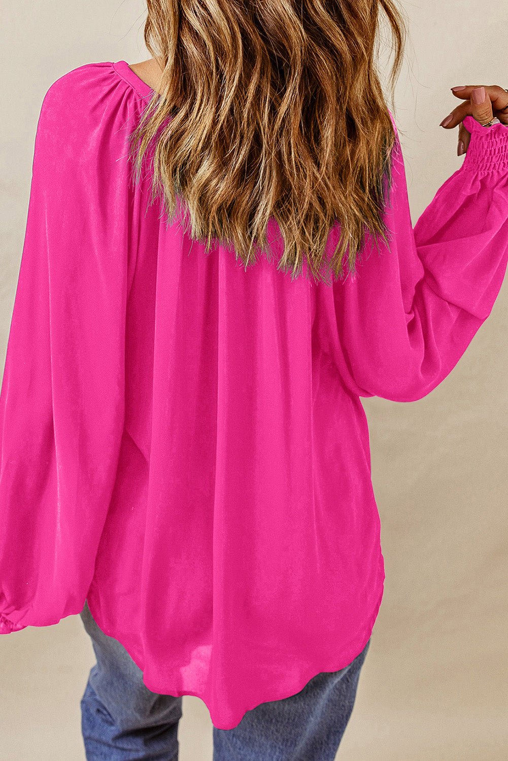 Notched Neck Lantern Sleeve Blouse - Style Chic Couture