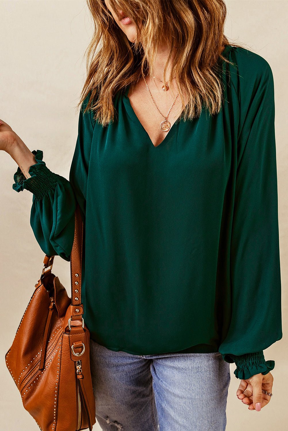 Notched Neck Lantern Sleeve Blouse - Style Chic Couture
