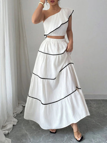 One-Shoulder Ruffle Top and Skirt Two-Piece Set