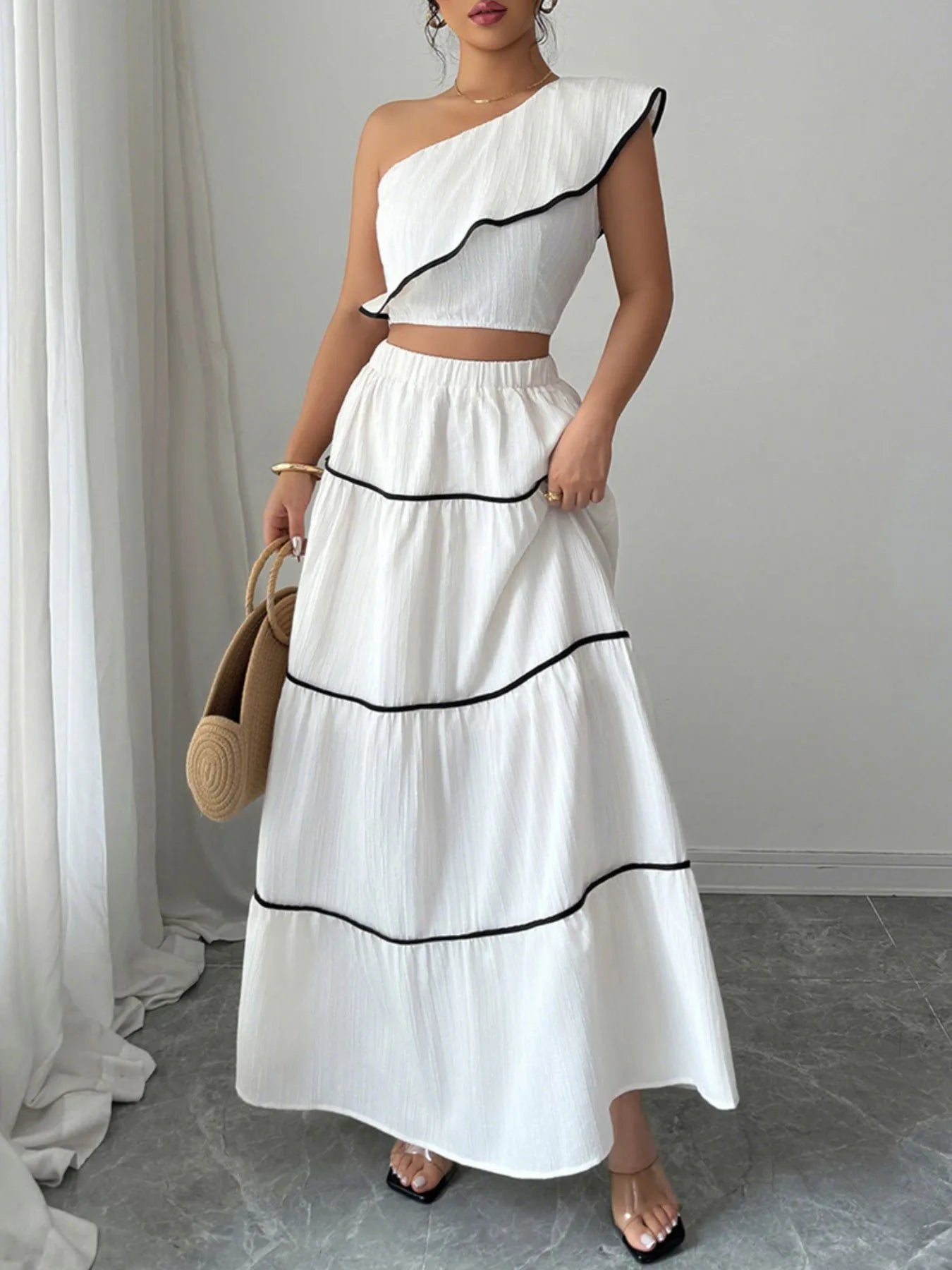 One - Shoulder Ruffle Top and Skirt Two - Piece Set - Style Chic Couture