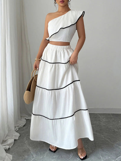 One - Shoulder Ruffle Top and Skirt Two - Piece Set - Style Chic Couture