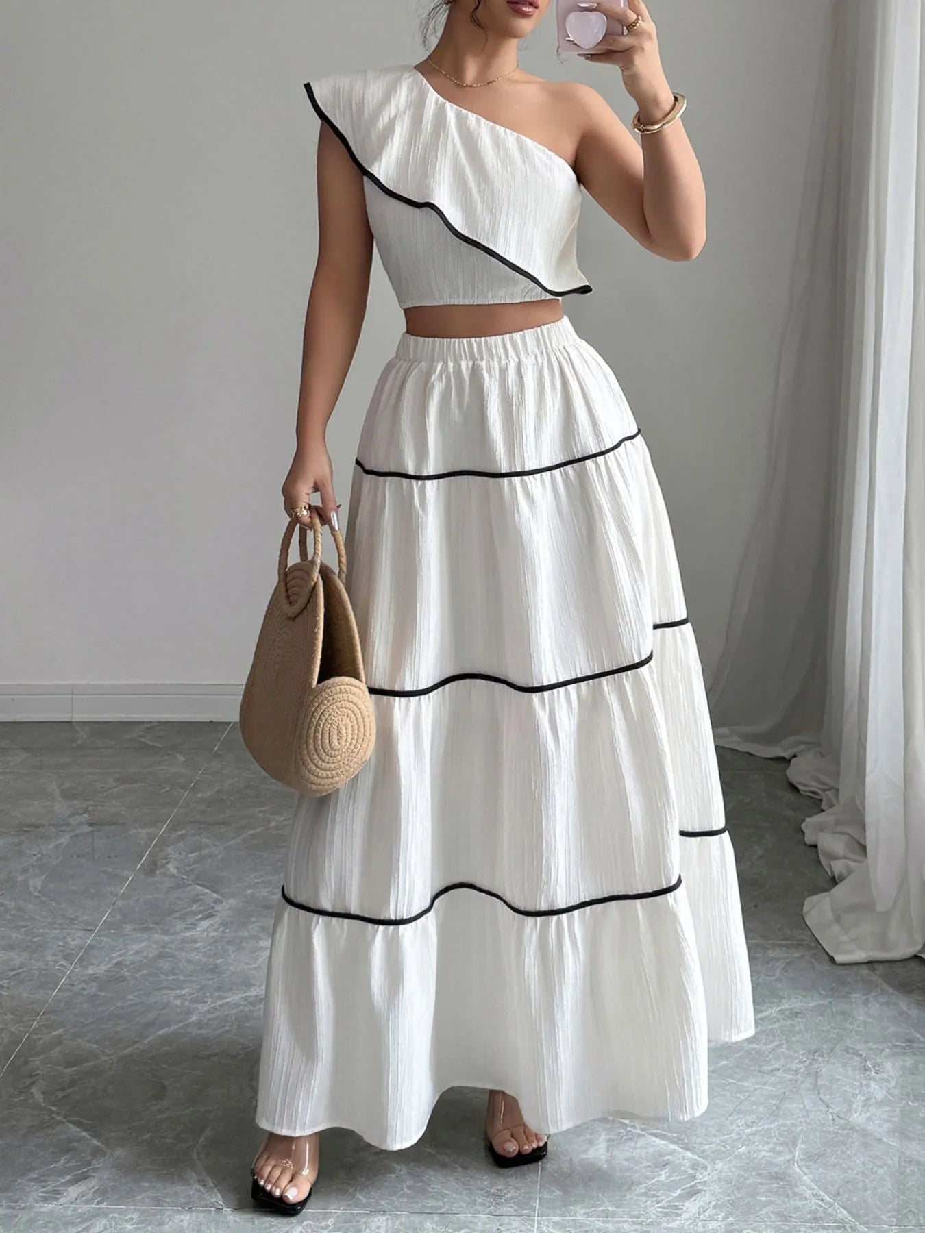 One - Shoulder Ruffle Top and Skirt Two - Piece Set - Style Chic Couture