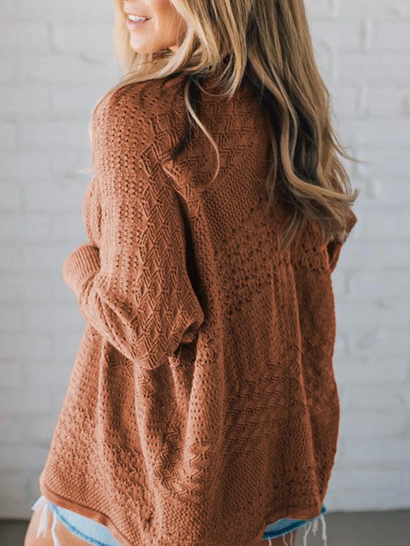 Open Front Knitted Cardigan with Eyelet Details - Style Chic Couture