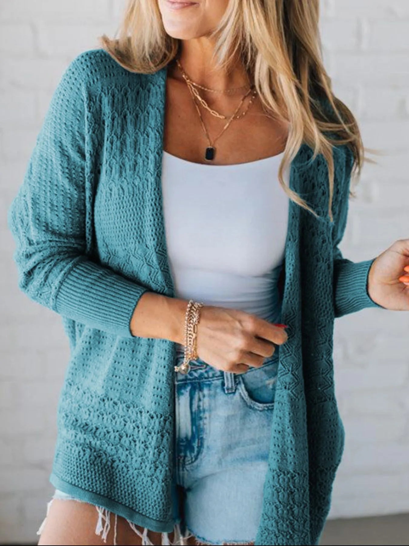Open Front Knitted Cardigan with Eyelet Details - Style Chic Couture