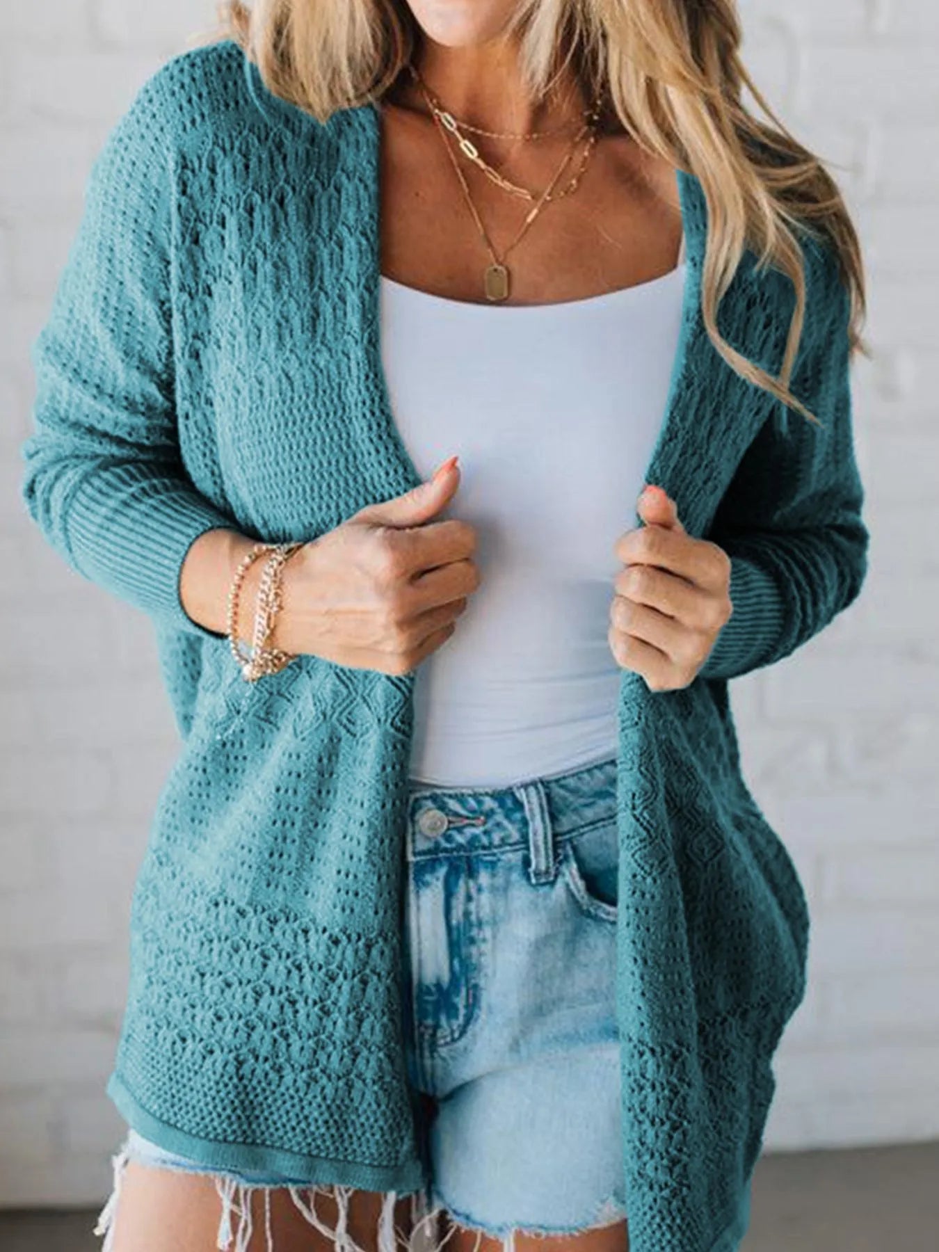 Open Front Knitted Cardigan with Eyelet Details - Style Chic Couture