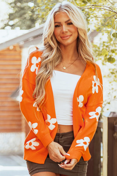 Orange Floral Print Knitted Open Front Loose Cardigan - Style Chic Couture