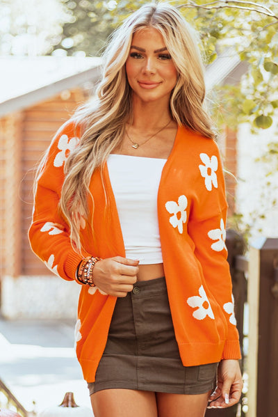 Orange Floral Print Knitted Open Front Loose Cardigan - Style Chic Couture