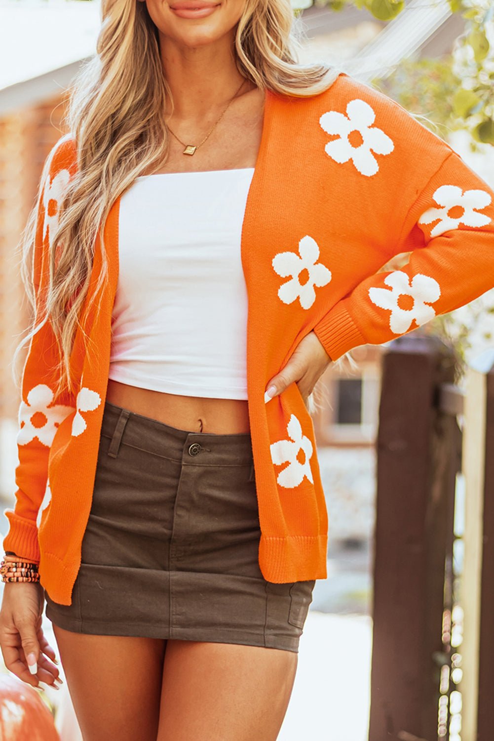 Orange Floral Print Knitted Open Front Loose Cardigan - Style Chic Couture