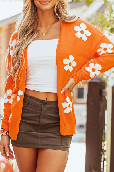 Orange Floral Print Knitted Open Front Loose Cardigan - Style Chic Couture