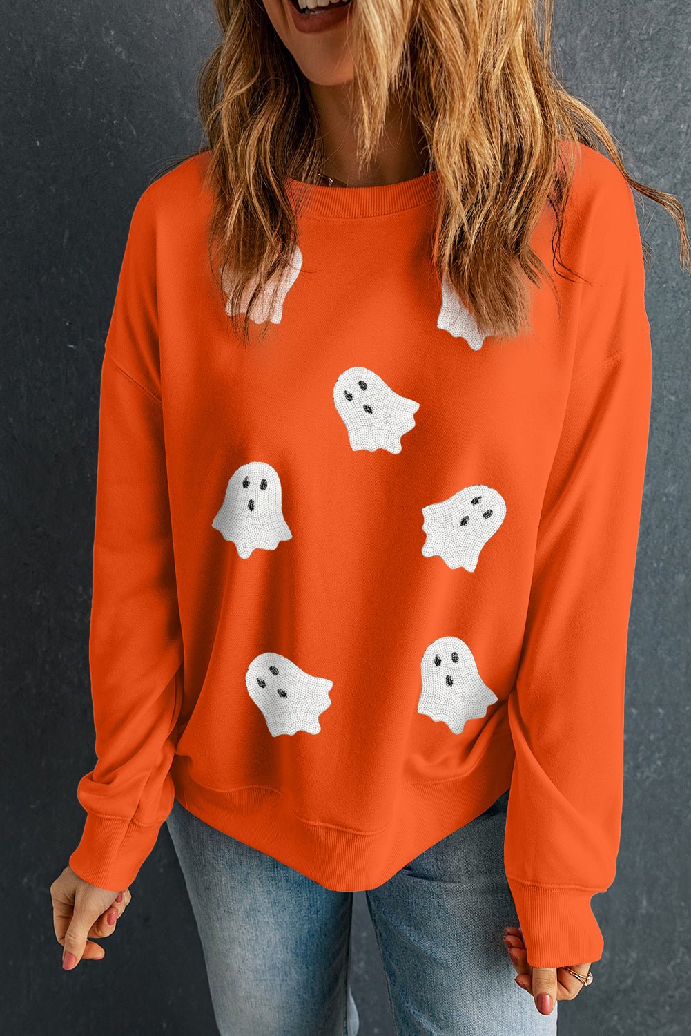 Orange Sequin Halloween Ghost Patched Drop Shoulder Sweatshirt - Style Chic Couture