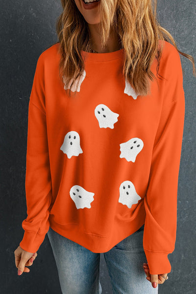 Orange Sequin Halloween Ghost Patched Drop Shoulder Sweatshirt - Style Chic Couture