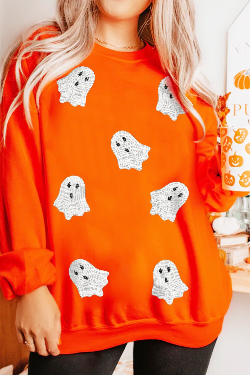 Orange Sequin Halloween Ghost Patched Drop Shoulder Sweatshirt - Style Chic Couture