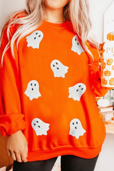 Orange Sequin Halloween Ghost Patched Drop Shoulder Sweatshirt - Style Chic Couture