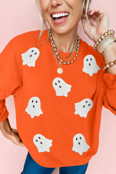 Orange Sequin Halloween Ghost Patched Drop Shoulder Sweatshirt - Style Chic Couture