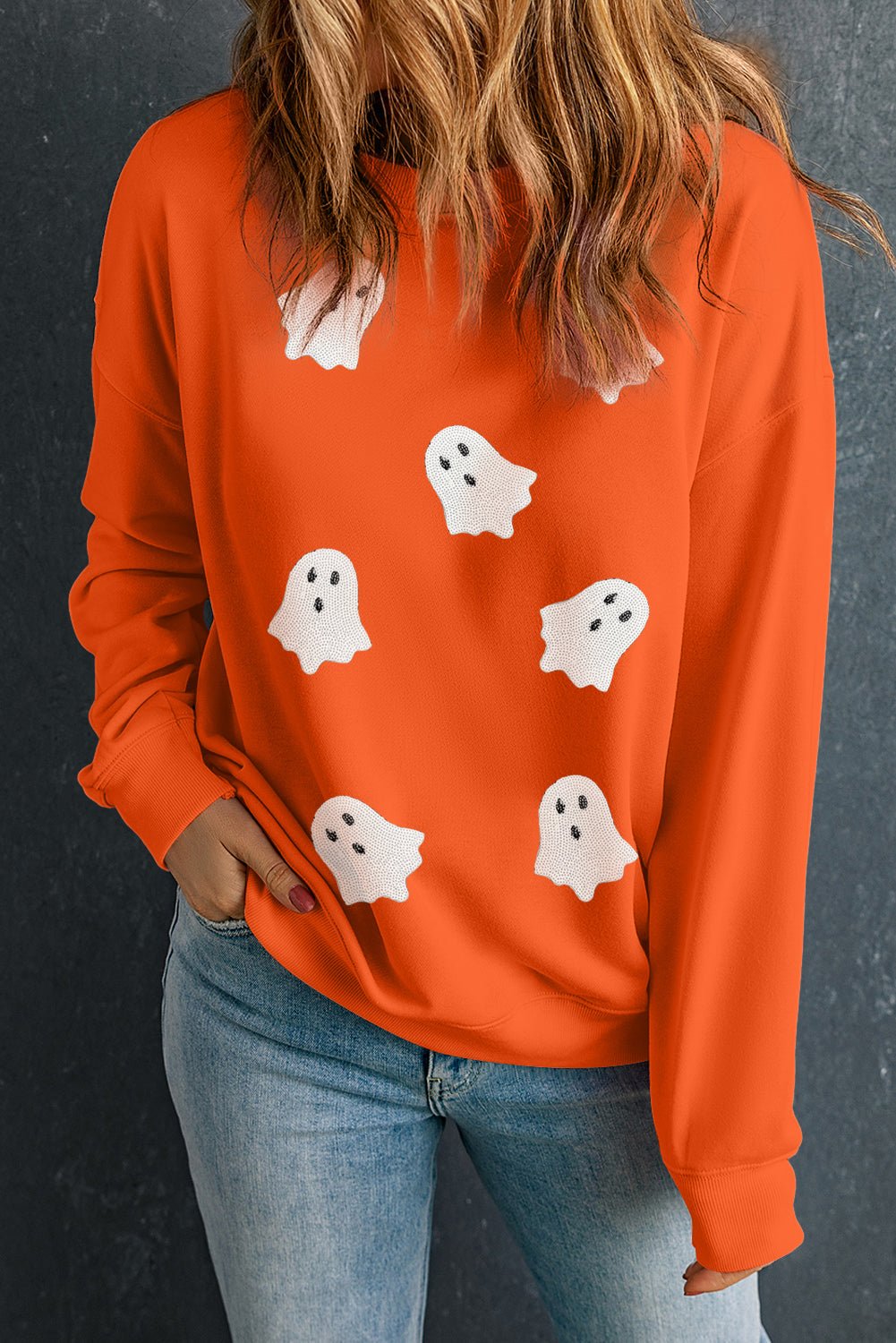 Orange Sequin Halloween Ghost Patched Drop Shoulder Sweatshirt - Style Chic Couture