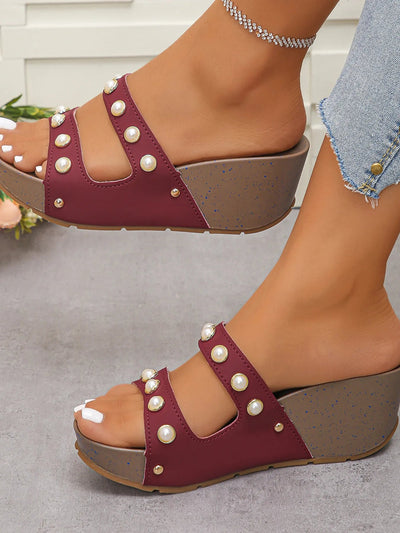 Pearl Detail Wedge Sandals - Style Chic Couture