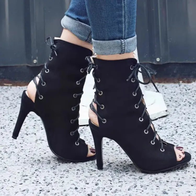 Peep Toe Lace - Up High Heel Boots - Style Chic Couture