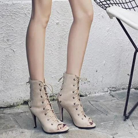 Peep Toe Lace-Up High Heel Boots