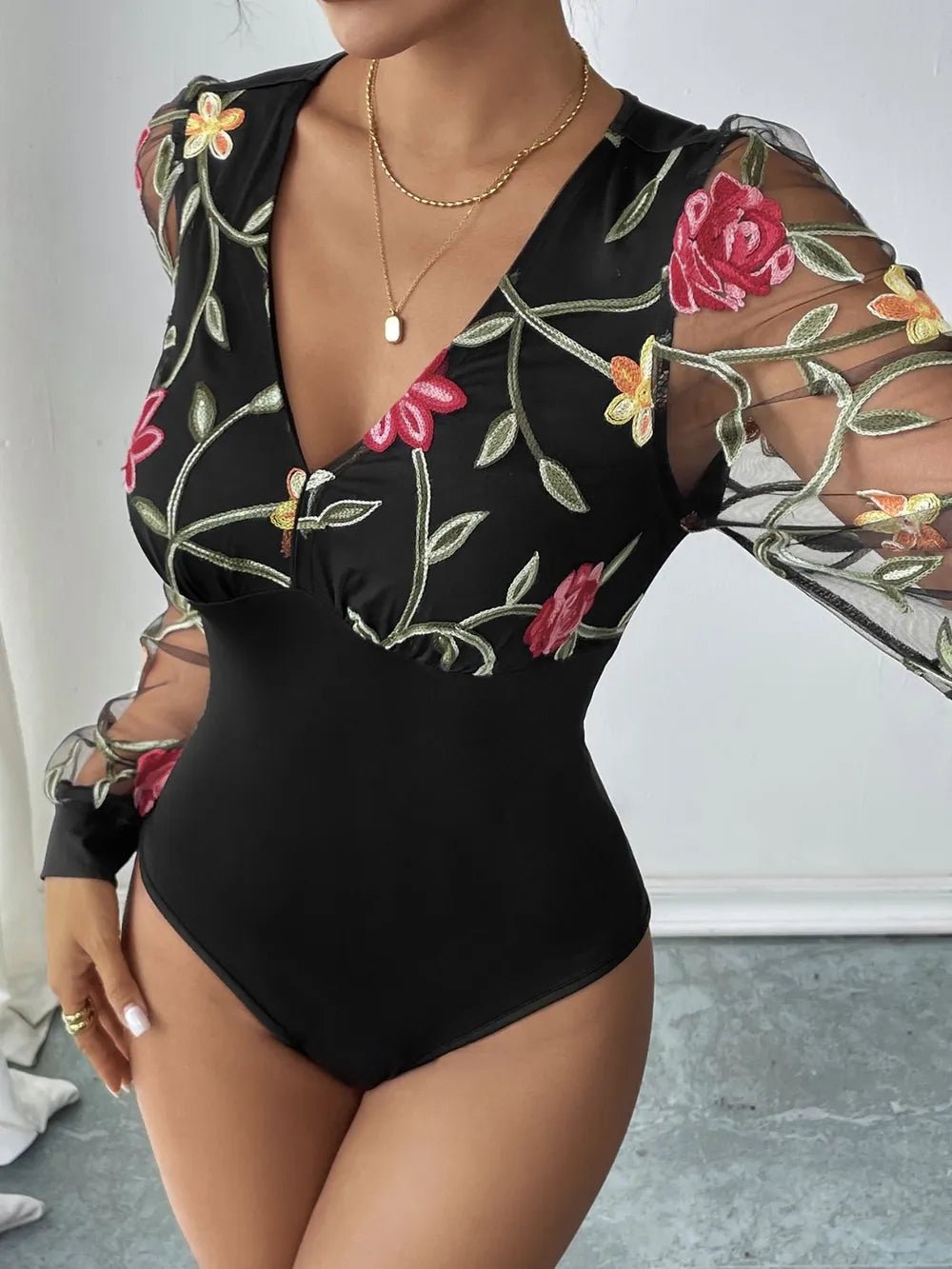 Perfee Embroidered V - Neck Long Sleeve Bodysuit - Style Chic Couture