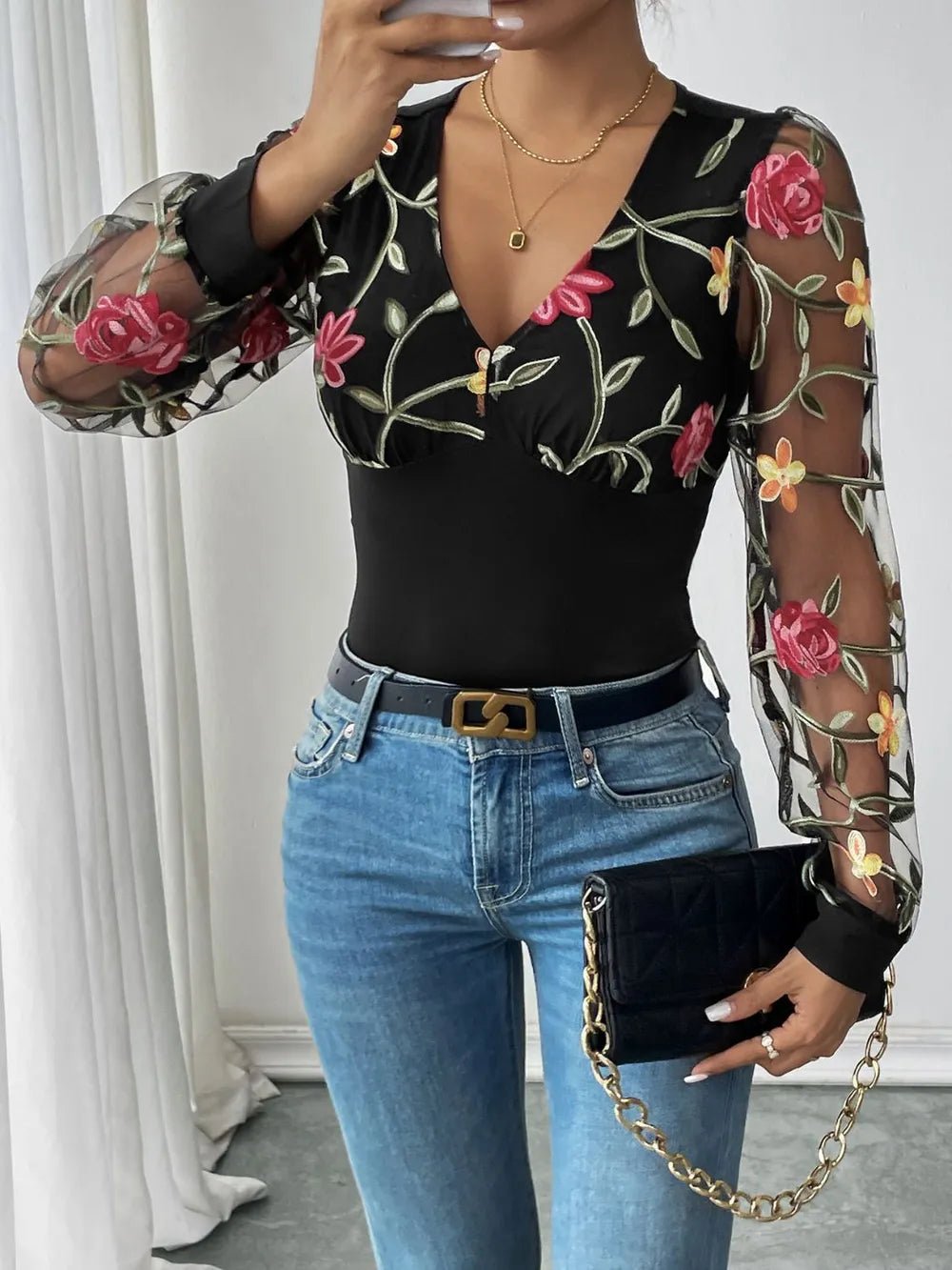 Perfee Embroidered V - Neck Long Sleeve Bodysuit - Style Chic Couture