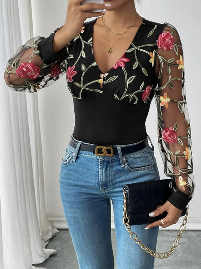 Perfee Embroidered V - Neck Long Sleeve Bodysuit - Style Chic Couture