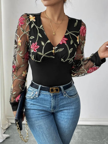 Chic Embroidered V-Neck Bodysuit with Long Sleeves