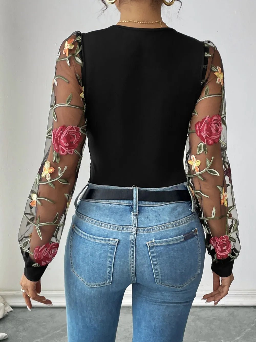 Perfee Embroidered V - Neck Long Sleeve Bodysuit - Style Chic Couture