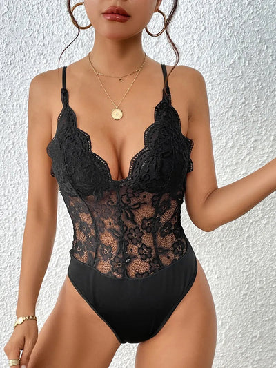 Lace V-Neck Bodysuit with Spaghetti Straps