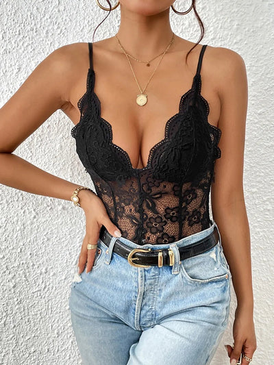 Lace V-Neck Bodysuit with Spaghetti Straps