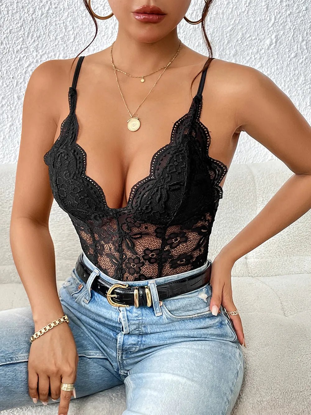 Lace V-Neck Bodysuit with Spaghetti Straps