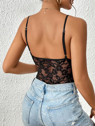Lace V-Neck Bodysuit with Spaghetti Straps