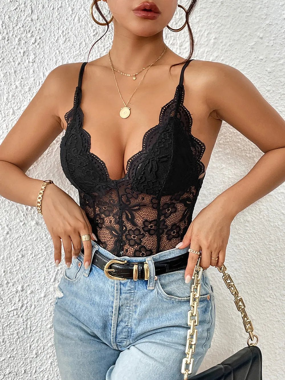 Lace V-Neck Bodysuit with Spaghetti Straps