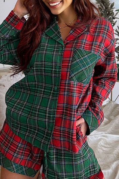 Christmas Plaid Long Sleeve Shirt & Short Pajama Set