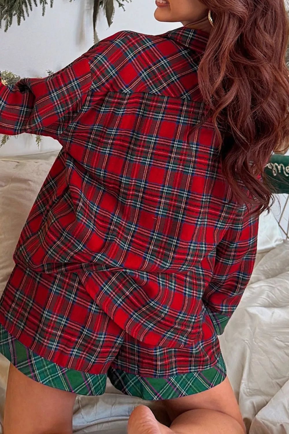Christmas Plaid Long Sleeve Shirt & Short Pajama Set