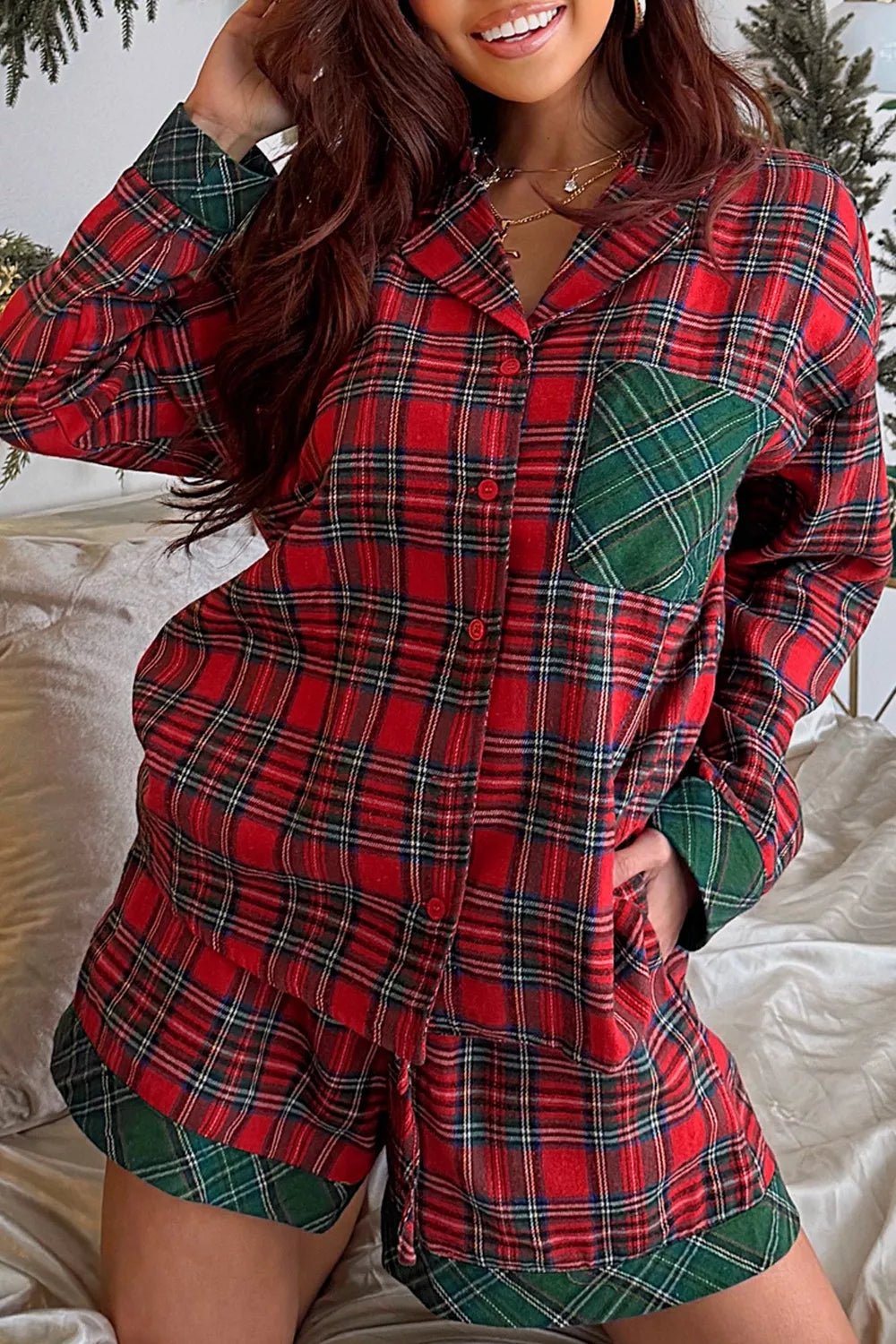 Christmas Plaid Long Sleeve Shirt & Short Pajama Set