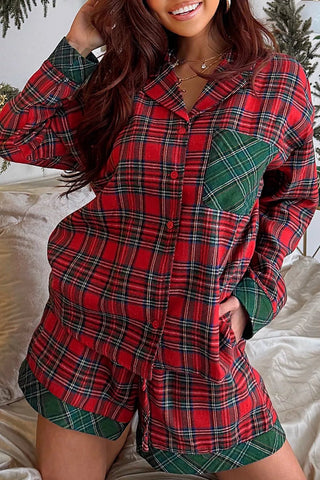 Christmas Plaid Long Sleeve Shirt & Short Pajama Set