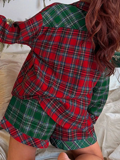Christmas Plaid Long Sleeve Shirt & Short Pajama Set