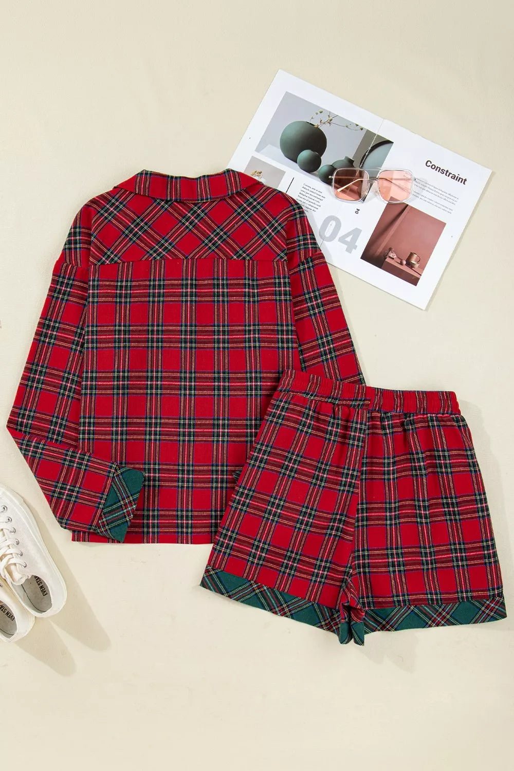 Christmas Plaid Long Sleeve Shirt & Short Pajama Set