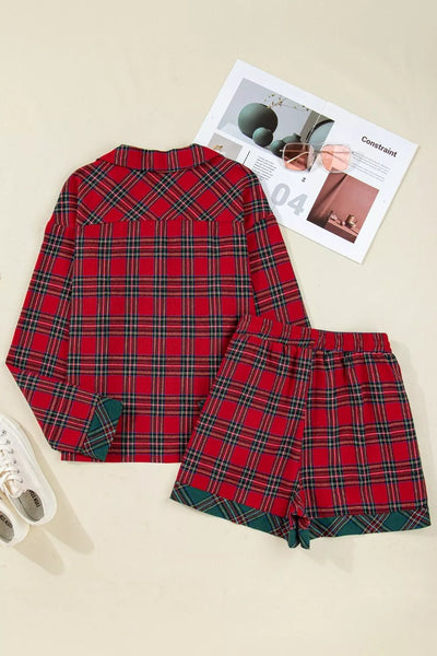 Christmas Plaid Long Sleeve Shirt & Short Pajama Set
