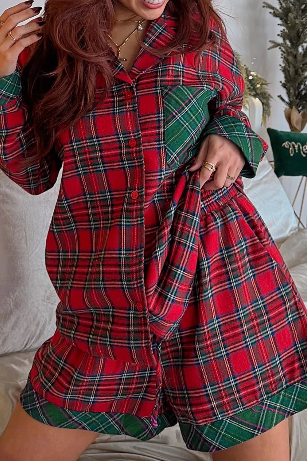 Christmas Plaid Long Sleeve Shirt & Short Pajama Set