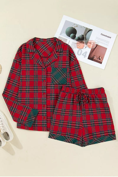 Christmas Plaid Long Sleeve Shirt & Short Pajama Set