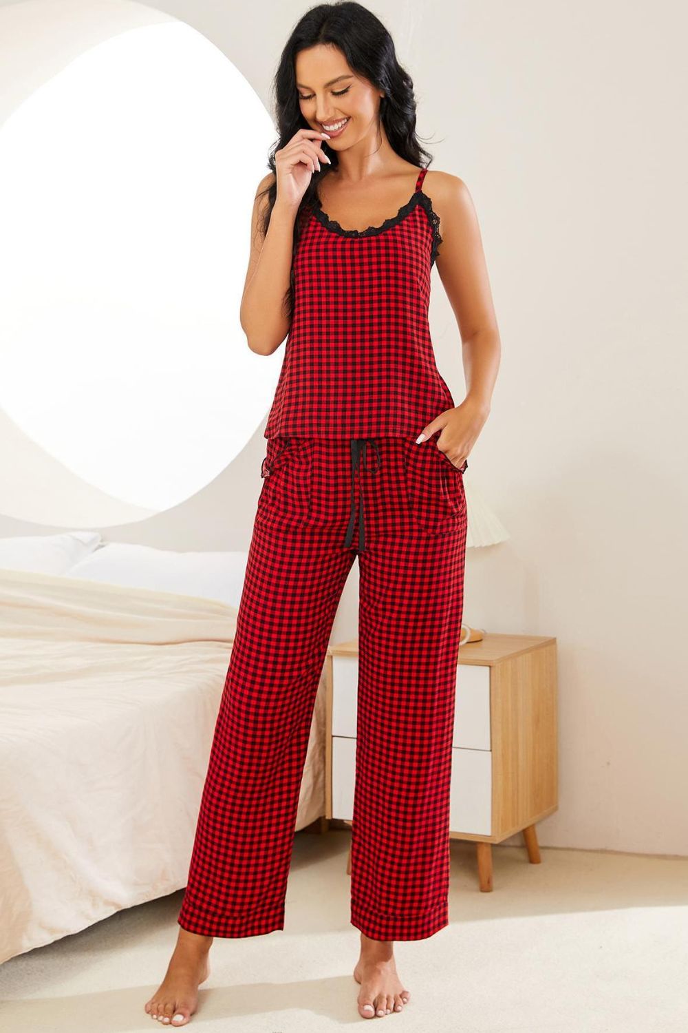 Lace-Trim Plaid Pajama Set with Drawstring Pants