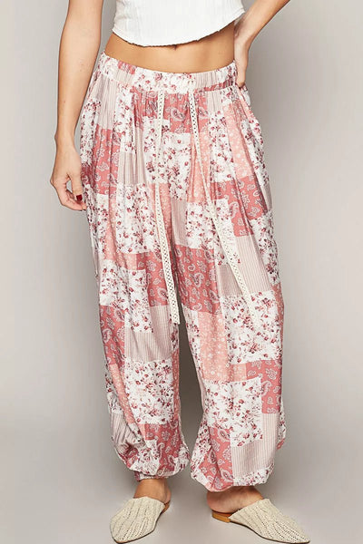 Floral Patchwork Drawstring Wide Leg Pants - Style Chic Couture