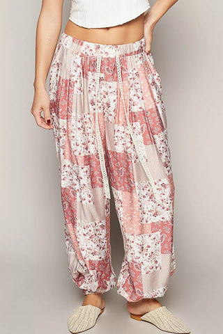 Floral Patchwork Drawstring Wide Leg Pants