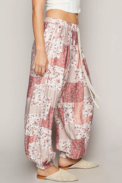 Floral Patchwork Drawstring Wide Leg Pants - Style Chic Couture